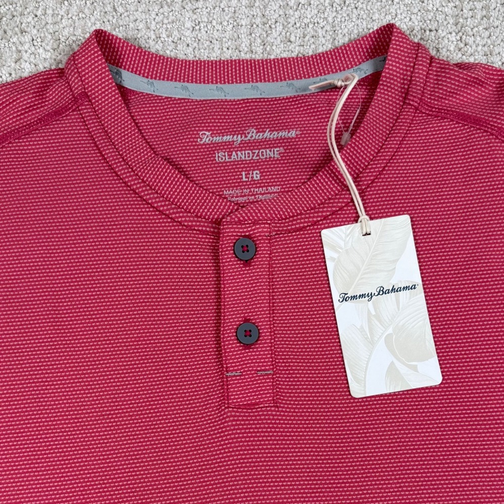 NEW Tommy Bahama Mens Large Red IslandZone Short Sleeve Henley Shirt